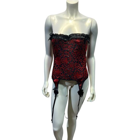 Red & Black Brocade Corset with Garter Straps - Gothic Burlesque Style - Size XL - Picture 8 of 10